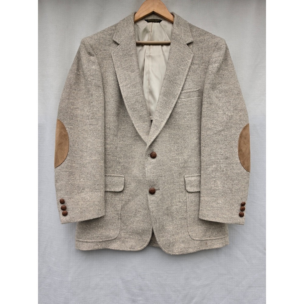 VTG Shefford Wool Herringbone Blazer Mens Beige Suede Elbow Patch Tweed Jacket